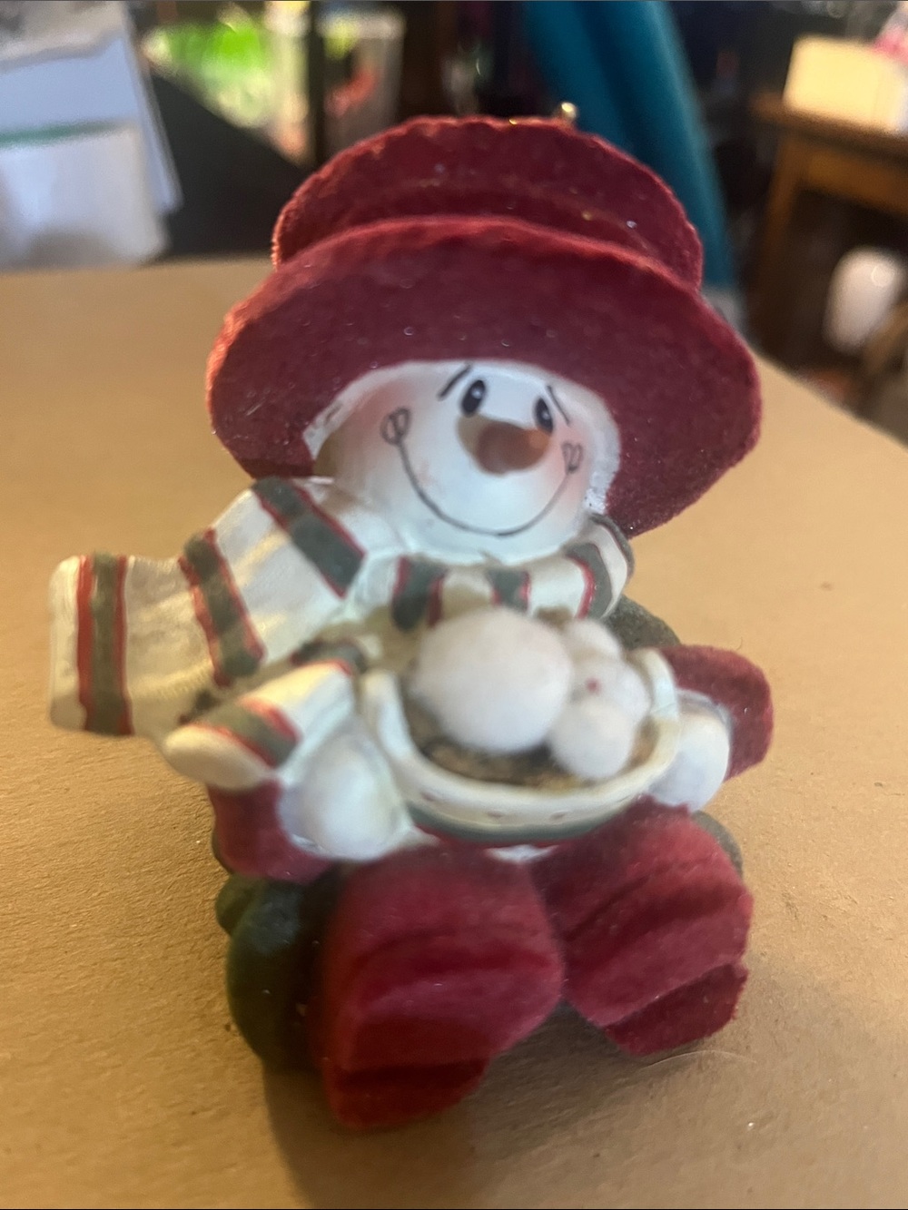 Vintage 90s Flocked Snowman Christmas Tree Ornament Adorable Whimsical 799